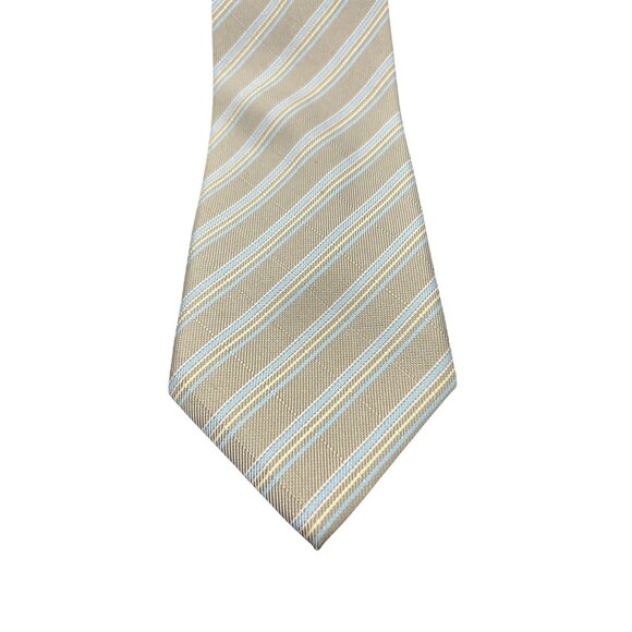 Kai Long Striped Silk Tie Beige Blue Adjustable Fit Lightweight Formal Career - Picture 2 of 6